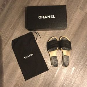 Chanel black espadrille sliders!